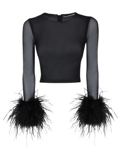 Alice And Olivia Delaina Feather-cuff Mesh Crop Top In Black