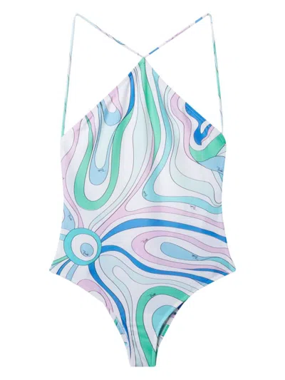 Pucci Marmo-print Halterneck Swimsuit In Weiss