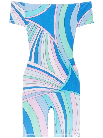 Pucci Iride-print Off-shoulder Jumpsuit In Blau