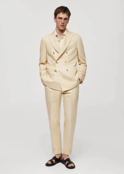Mango Man Cotton-linen Double-breasted Suit Jacket Pastel Yellow