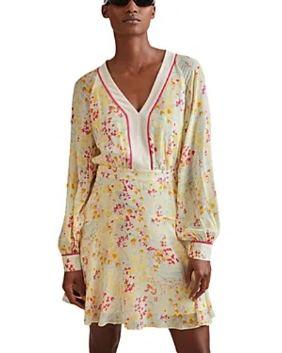 Reiss Molly - Pink/yellow Floral Print Puff Sleeve Mini Dress, Us 2