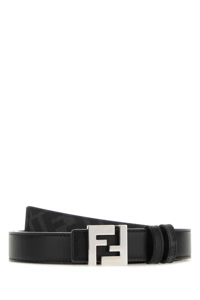 Fendi Leather And Ff Fabric Reversible Belt In Nero+palladio