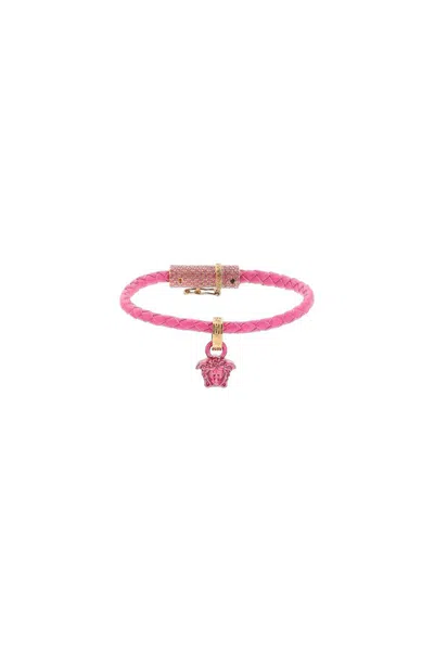 Versace Braided Leather Bracelet In Fuchsia,gold