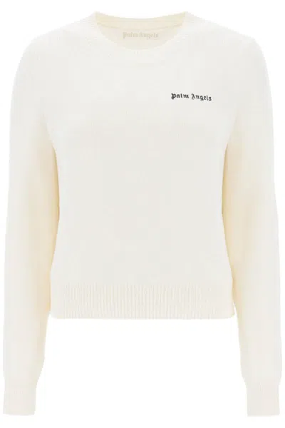 Palm Angels Cropped Sweater With Logo Embroidery In Bianco