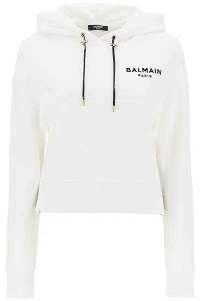 Balmain Cropped Sweatshirt With Flocked Logo Print In Bianco