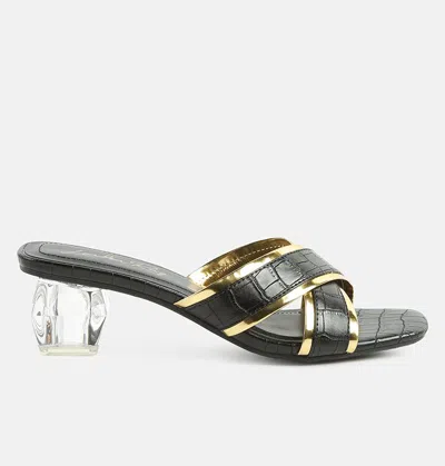 London Rag Stellar Gold Line Croc Textured Low Heel Sandals In Black