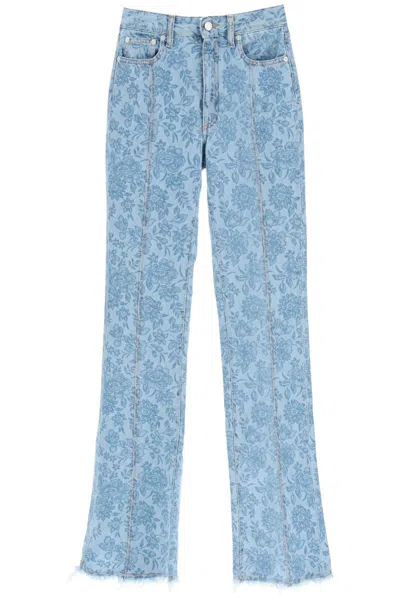 Alessandra Rich Flower Print Flared Jeans In Celeste