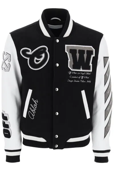 Off-white Lea Wool Varsity Bomber Jacket In Blanco