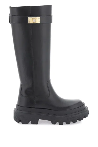 Dolce & Gabbana Leather Boots With Logoed Plaquee In Black