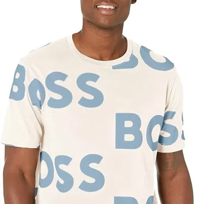 Hugo Boss All Over Logo Sort Sleeve Crew Neck Cotton T-shirt In Almond Beige In White