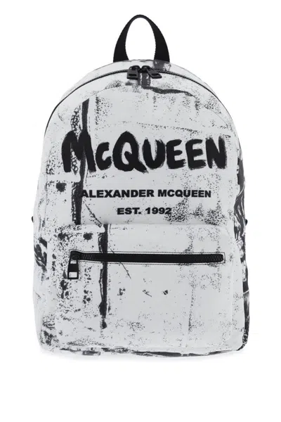 Alexander Mcqueen Graffiti Logo Printed Backpack In Bianco
