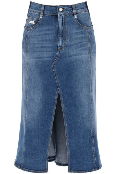 Alexander Mcqueen High-waist Slit-hem Denim Midi Skirt In Blu