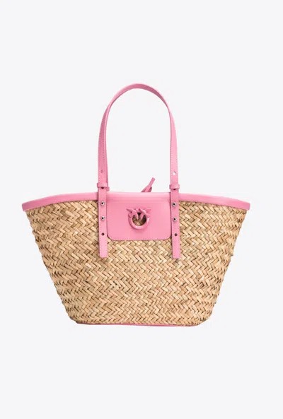 Pinko Love Summer Bucket Bag In Raffia In Naturel/rose-color Block
