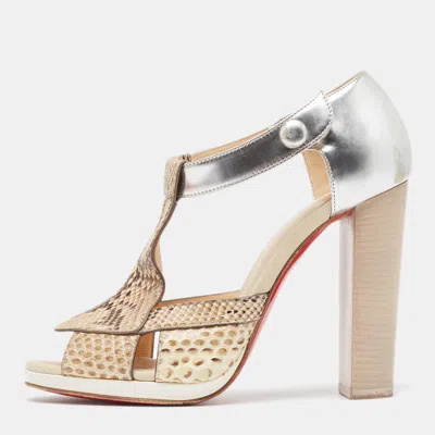 Pre-owned Christian Louboutin Sliver/beige Python Leather And Foil Leather Ankle Strap Sandals Size 36 In Silver