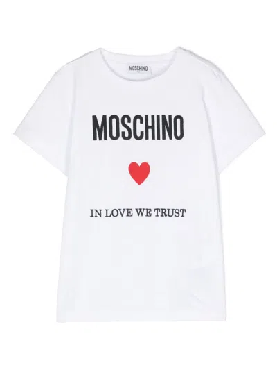 Moschino Kids' White T-shirt For Girl With Logo And Red Heart In 10101 Bianca