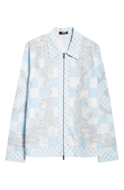 Versace Barocco-print Shirt Jacket In Blue+print