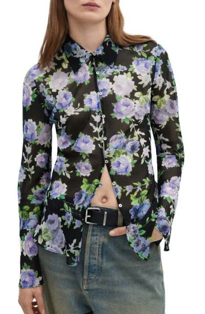 Mango Sheer Floral Button-up Shirt In Black