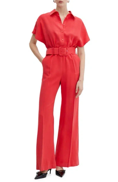 Mango Belted Flare Leg Jumpsuit In Coral Red