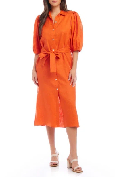 Karen Kane Puff Sleeve Linen Midi Shirtdress In Orange