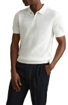 Reiss Burnham - Optic White Cotton Blend Textured Half Zip Polo Shirt, Xl
