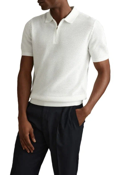 Reiss Burnham - Optic White Cotton Blend Textured Half Zip Polo Shirt, Xl