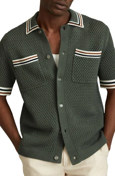 Reiss Coulson - Dark Sage Green Cotton Blend Crochet Shirt, M
