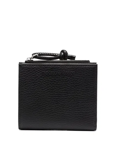 Emporio Armani Black Leather Pebbled-effect Wallet In Gold
