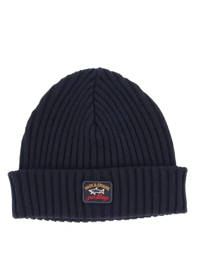 Paul & Shark Rib Knitted Wool Beanie In Dark Blue