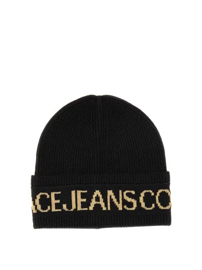 Versace Jeans Couture Beanie Hat With Logo In Black