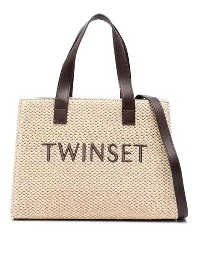 Twinset Woven Design Top Handles Bag In Beige