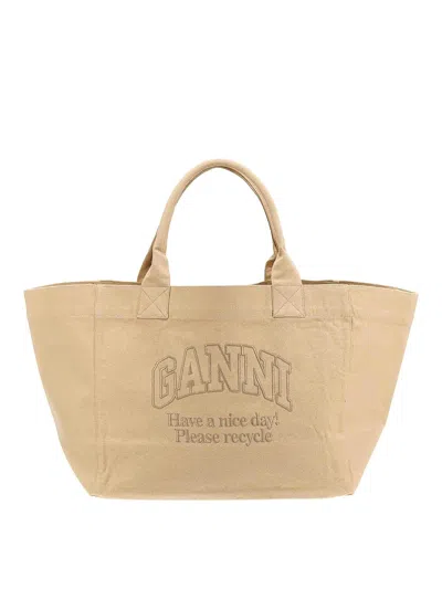 Ganni Oversized Shopping Bag With Logo Embroidery In Beige
