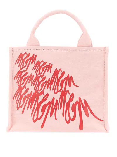 Msgm Mini Printed Cotton Top Handle Bag In Nude & Neutrals