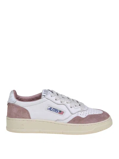 Autry Medalist Low Sneakers In White Goat Leather And Pink Suede