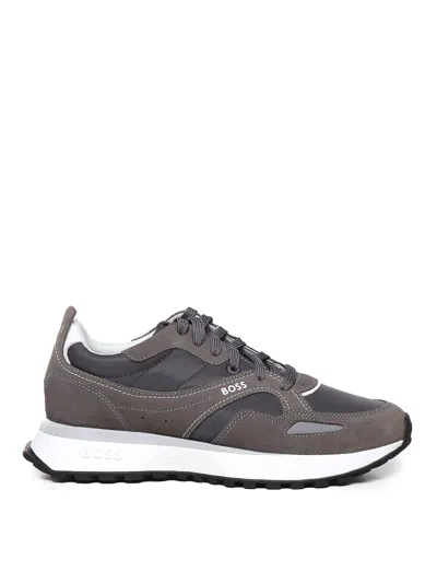 Hugo Boss Mixed Materials Sneakers With Suede And Branded Trim In Grey