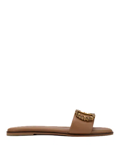 Twinset Leather Slippers With Logo In Beige