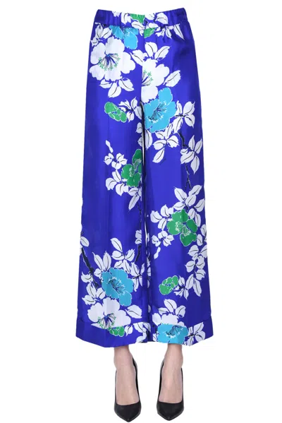 P.a.r.o.s.h Flower Print Sik Trousers In Electric Blue