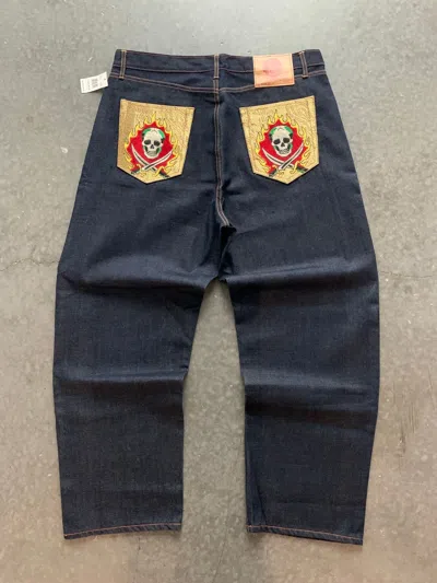 Pre-owned Ed Hardy X Jnco Crazy Nwt Vintage Y2k Ed Hardy Baggy Jeans Flames Skull In Blue