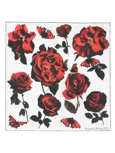 Alexander Mcqueen White Silk Scarf With Red Roses Print