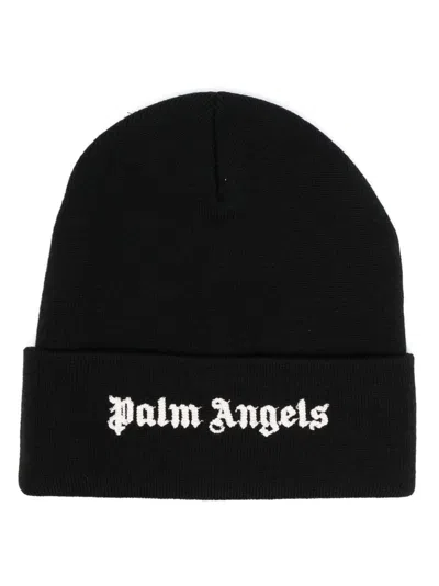 Palm Angels Black Wool Beanie With White Logo