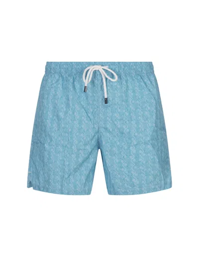 Fedeli Light Blue Swim Shorts With Micro Pattern