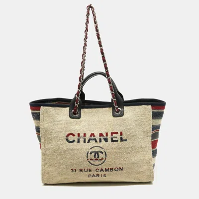 Pre-owned Chanel Multicolor Stripe Canvas And Leather Large Deauville Shopper Tote