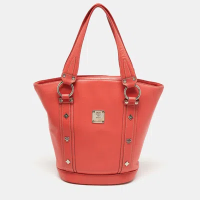 Mcm Pebbled Leather Studded Tote In Orange