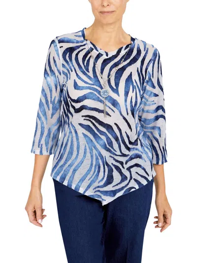 Alfred Dunner Womens Animal Print Asymmetric Blouse In Blue