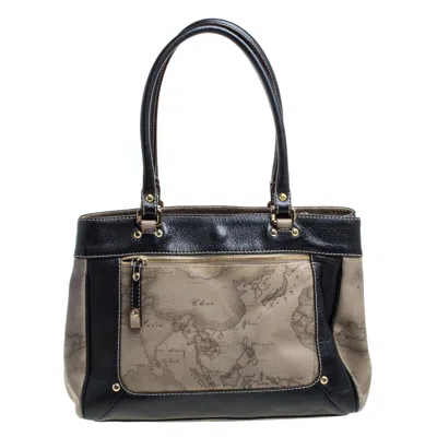 Alviero Martini 1a Classe Geo Print Coated Canvas And Leather Tote In Black