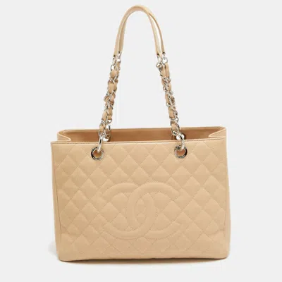 Pre-owned Chanel Beige Quilted Caviar Leather Gst Shopper Tote