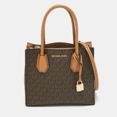 Michael Kors Brown/beige Signature Coated Canvas And Leather Small Mercer Tote
