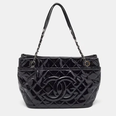 Pre-owned Chanel Quilted Patent Leather Cc Timeless Tote In Black