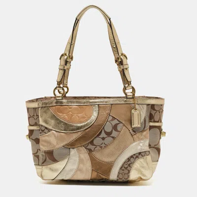 Coach Gold/beige Signature Canvas Leather And Suede Patchwork Tote