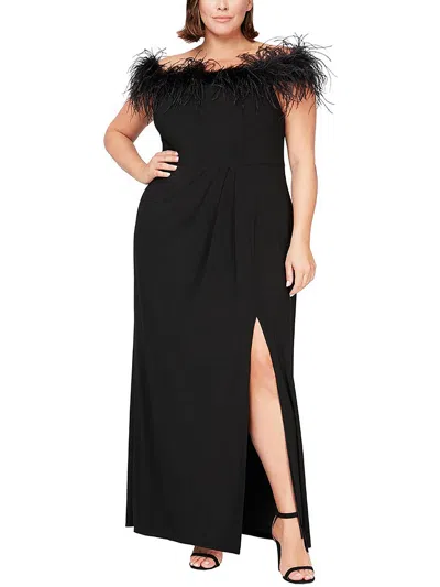 Alex Evenings Plus Womens Off-the-shoulder Feather Evening Dress In Black
