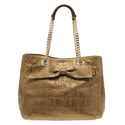 Carolina Herrera Gold Monogram Leather Audrey Tote Bag In Beige